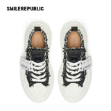 Black White Frayed Canvas Smile Toe Platform Sneakers, Unisex Lace Up Shoes