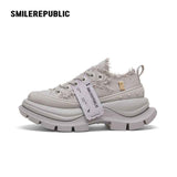 Light Gray Frayed Canvas Smile Toe Chunky Platform Sneakers, Low Top