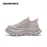 Light Gray Frayed Canvas Smile Toe Chunky Platform Sneakers, Low Top