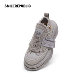 Light Gray Frayed Canvas Smile Toe Chunky Platform Sneakers, Low Top