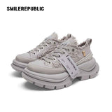 Light Gray Frayed Canvas Smile Toe Chunky Platform Sneakers, Low Top