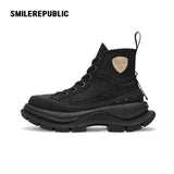 Black Smile Toe Canvas Chunky Platform High Top Sneakers, Unisex Lace-Up Casual Streetwear Shoes