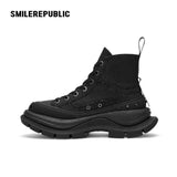 Black Smile Toe Canvas Chunky Platform High Top Sneakers, Unisex Lace-Up Casual Streetwear Shoes