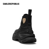 Black Smile Toe Canvas Chunky Platform High Top Sneakers, Unisex Lace-Up Casual Streetwear Shoes