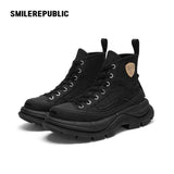 Black Smile Toe Canvas Chunky Platform High Top Sneakers, Unisex Lace-Up Casual Streetwear Shoes