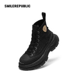 Black Smile Toe Canvas Chunky Platform High Top Sneakers, Unisex Lace-Up Casual Streetwear Shoes
