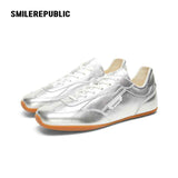 Silver Finish Square Toe German Trainer Sneakers, Low Top Lace Up Shoes