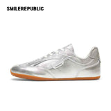 Silver Finish Square Toe German Trainer Sneakers, Low Top Lace Up Shoes