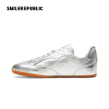Silver Finish Square Toe German Trainer Sneakers, Low Top Lace Up Shoes