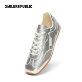 Silver Finish Square Toe German Trainer Sneakers, Low Top Lace Up Shoes