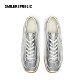 Silver Finish Square Toe German Trainer Sneakers, Low Top Lace Up Shoes