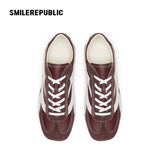 Burgundy Bow Side Detail Square Toe German Trainer Sneakers, Low Top Lace Up