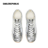 Silver Finish Bow Side Detail Square Toe German Trainer Sneakers, Low Top Lace Up