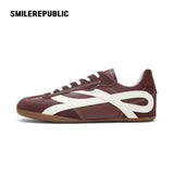 Burgundy Bow Side Detail Square Toe German Trainer Sneakers, Low Top Lace Up