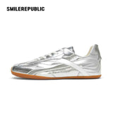 Silver Finish Bow Side Detail Square Toe German Trainer Sneakers, Low Top Lace Up