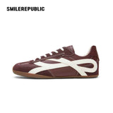 Burgundy Bow Side Detail Square Toe German Trainer Sneakers, Low Top Lace Up