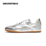 Silver Finish Bow Side Detail Square Toe German Trainer Sneakers, Low Top Lace Up