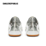 Silver Finish Bow Side Detail Square Toe German Trainer Sneakers, Low Top Lace Up