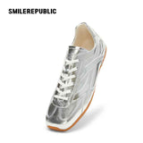 Silver Finish Bow Side Detail Square Toe German Trainer Sneakers, Low Top Lace Up