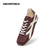 Burgundy Bow Side Detail Square Toe German Trainer Sneakers, Low Top Lace Up