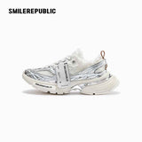 Metallic Silver White Mesh Chunky Sneakers, Unisex Lace Up Shoes