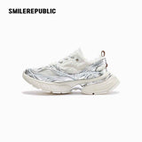 Metallic Silver White Mesh Chunky Sneakers, Unisex Lace Up Shoes