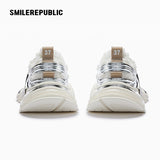 Metallic Silver White Mesh Chunky Sneakers, Unisex Lace Up Shoes