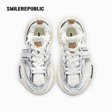 Metallic Silver White Mesh Chunky Sneakers, Unisex Lace Up Shoes