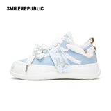 Women's Light Blue Frayed Canvas Smile Toe Platform Sneakers