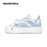 Women's Light Blue Frayed Canvas Smile Toe Platform Sneakers