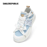 Women's Light Blue Frayed Canvas Smile Toe Platform Sneakers