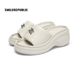 Off White Silver Tone 3D Logo Platform Wedge Slide Sandals, Open Toe