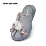 Gray Plaid Bow Platform Slides, Slip On Open Back Sandal Mules