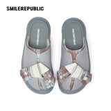 Gray Plaid Bow Platform Slides, Slip On Open Back Sandal Mules