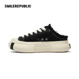 Black Frayed Canvas Backless Platform Sneakers with Cream Sole