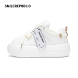 White Twill Low Top Chunky Platform Sneakers with Interchangeable Smile Toe