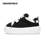 Black Canvas Interchangeable Smile Toe Chunky Platform Sneakers with Airplane Ticket Tag