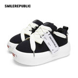 Black Canvas Interchangeable Smile Toe Chunky Platform Sneakers with Airplane Ticket Tag