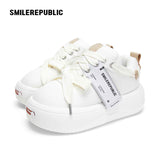 White Twill Low Top Chunky Platform Sneakers with Interchangeable Smile Toe