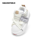 White Twill Low Top Chunky Platform Sneakers with Interchangeable Smile Toe
