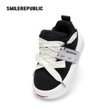 Black Canvas Interchangeable Smile Toe Chunky Platform Sneakers with Airplane Ticket Tag