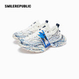 White and Silver Mesh Paint Splatter Chunky Sneakers, Unisex Low Top Lace Up Shoes