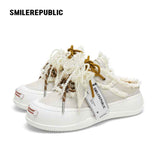 アッシュグレー フリンジトリム プラットフォーム スニーカーミュール レディース