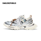 Metallic Silver Blue Black Plaid Tweed Chunky Sneakers, Unisex Lace Up Shoes