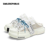 Women's Ash Gray Frayed Trim Chunky Platform Sneaker Mules