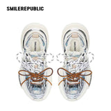 Metallic Silver Blue Black Plaid Tweed Chunky Sneakers, Unisex Lace Up Shoes