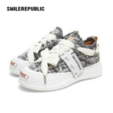 Dusk Gray Frayed Textile Platform Sneakers with Interchangeable Smile Toe, Unisex Low Top