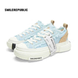 Light Blue Frayed Tweed Chunky Platform Sneakers, Unisex Low Top Lace Up
