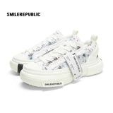 Women's White and Blue Frayed Tweed Platform Sneakers