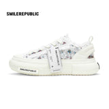 Women's White and Blue Frayed Tweed Platform Sneakers
